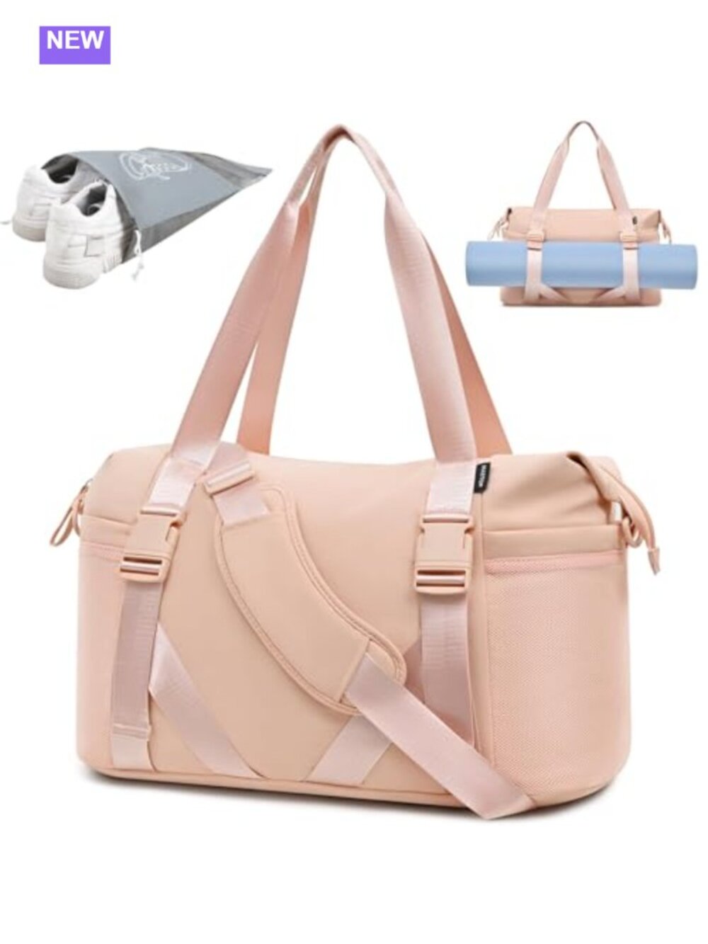 Yoga Gym Duffel Bag with Shoe Pouch & Mat Straps Travel Weekender